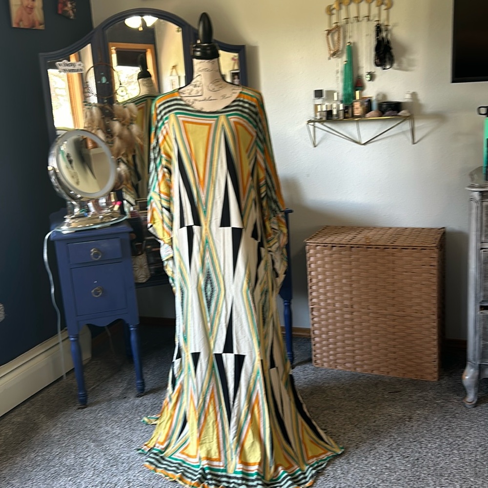 Bold Geometric Yellow Maxi Dress with Green Accents